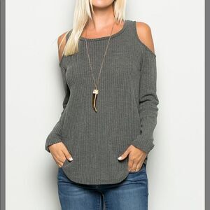 Cold Shoulder Gray Waffle Knit Top